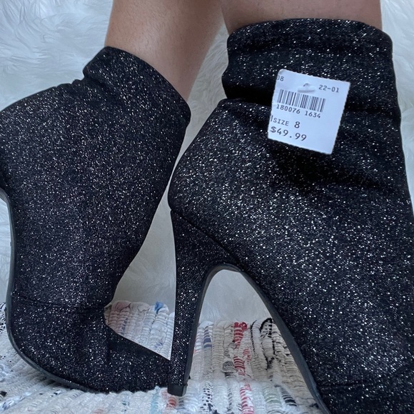 Black Glitter Pointed Toe Sock Bootie Heels - Picture 2 of 3